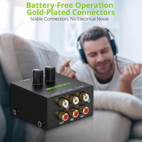 LiNKFOR Stereo Audio 2 Channel Mixer Mini Stereo Mixer,RCA Stereo Audio Mixer, Dual-Channel Audio Mixing for Computer, Gaming console, TV, CD player and Compatible with all standard RCA-equipped Devic