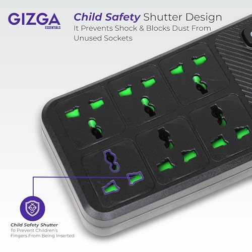 Image of Gizga Essentials 2500W /10A Extension Board | Universal 6 Sockets with 2 Type C & 4 USB A for Office & Home Appliances | Surge Protector Power Strip with 2M Cord, Child Safety Shutter, Spike Guard