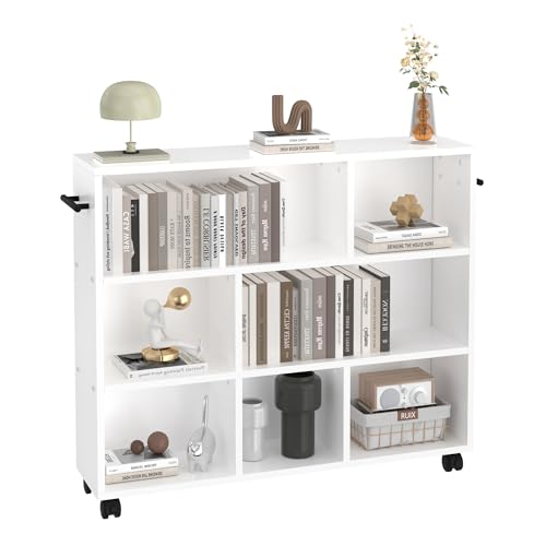 VECELO 3-Tier Bookshelf, Bookcase with Open Storage Shelves, Wood with Lockable Wheels, 25.6 Inch High, for Home Office, White