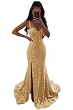 Sevintage Gold Mermaid Prom Dress Sequin Slit Long Wrap Spaghetti Strap Women Floor Length Formal Evening Gown for Wedding Party US2