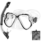 PIYAZI Snorkeling Gear for Kids Adults, Dry Snorkeling Set, Panoramic Anti-Leak and Anti-Fog Tempered Glass Lens, Adjustable Strap Snorkel Set with Mesh Bag Ear Plug for