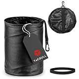 TECBULL® Auto Mülleimer klein [Schwarz], 3,2L, Edle Leder Optik, Faltbar, Auslaufsicher, Wasserdicht, flexibles Befestigungsband, Stylischer Automülleimer für Auto, LKW, Wohnmobil, Camping und Reisen