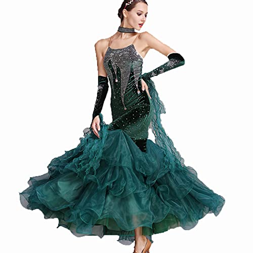 Ladies Waltz Competition Costume Ballroom Dance Dress Flamenco Performance Dance Outfit Rhinestones Salsa Dancewear,Green,M