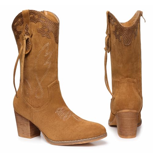 Image of SHIBEVER Cowgirl Boots for Women: Western Mid Calf Suede Boot for Dancing