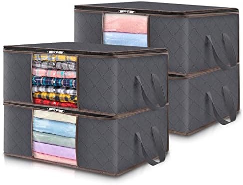 Lifewit 4-Pack Clothes Storage Bag, Foldable Storage Bins Closet Organizer with Reinforced Handle Sturdy Fabric Clear Window for Towel, Sweater, T-shirts, Toys, 35L, Grey