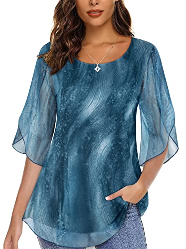 Miusey Womens Blouses And Tops Dressy Tunic Tops 3/4 Sleeve Boat Neck Business Casual Tops Loose Fit Tummy Coverage Tops For Women For Evening Party Casual Layered Shirts Blue Cyan 2Xl #TOP25
