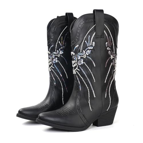 JABASIC Women's Mid Calf Western Cowboy Boots Pointed Toe Sequin Embroidered Chunky Heel Cowgirl Booties