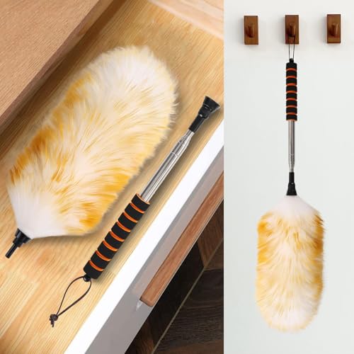 Image of Lambswool Extendable Cleaning Duster 26-64 Inch Two-Pack, Anti-Static Wall Duster Cleaner with Sponge Grip and Stainless Steel Extension Pole for High Ceiling Fan, Interior, and Roof Dusting
