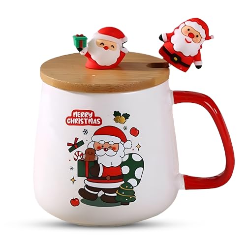 MathLab Santa Christmas Mug Gift Set – 400ml Ceramic Coffee & Hot Chocolate Cup with Wooden Lid & Spoon | Festive Santa Design in Luxury Gift Box | Eco-Friendly Handcrafted Ceramic, Hand Wash Only