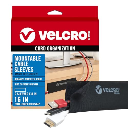 VELCRO Brand Mountable Cable Sleeve | Cord Management Mounts on Walls, Desk or Entertainment Center | Removable Adhesive is Damage Free | 8in Black, 2pk, 8in - 2Pk
