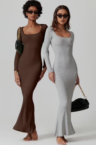 QINSEN Women's Ribbed Knit Long Sleeve Scoop Neck Maxi Dress with Lace Details Bodycon Dress4