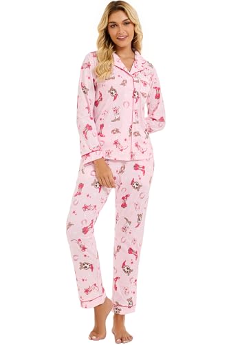 Image of LUBOT 100% Cotton Pajamas for Women Pajama Set 2 Piece PJ Sleepwear Set Soft Ladies Button Knit Long Sleeve Loungewear XS-XXL