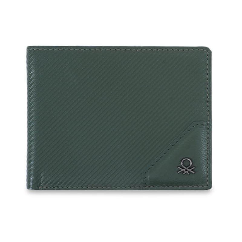 Image of United Colors of Benetton Men's Leather Wallet Louth - Olive | Slimfold Wallet with RFID Protection, Multiple Card Slots | Coin Pocket | Bi-Fold Purse for Men | Ideal for Gifting