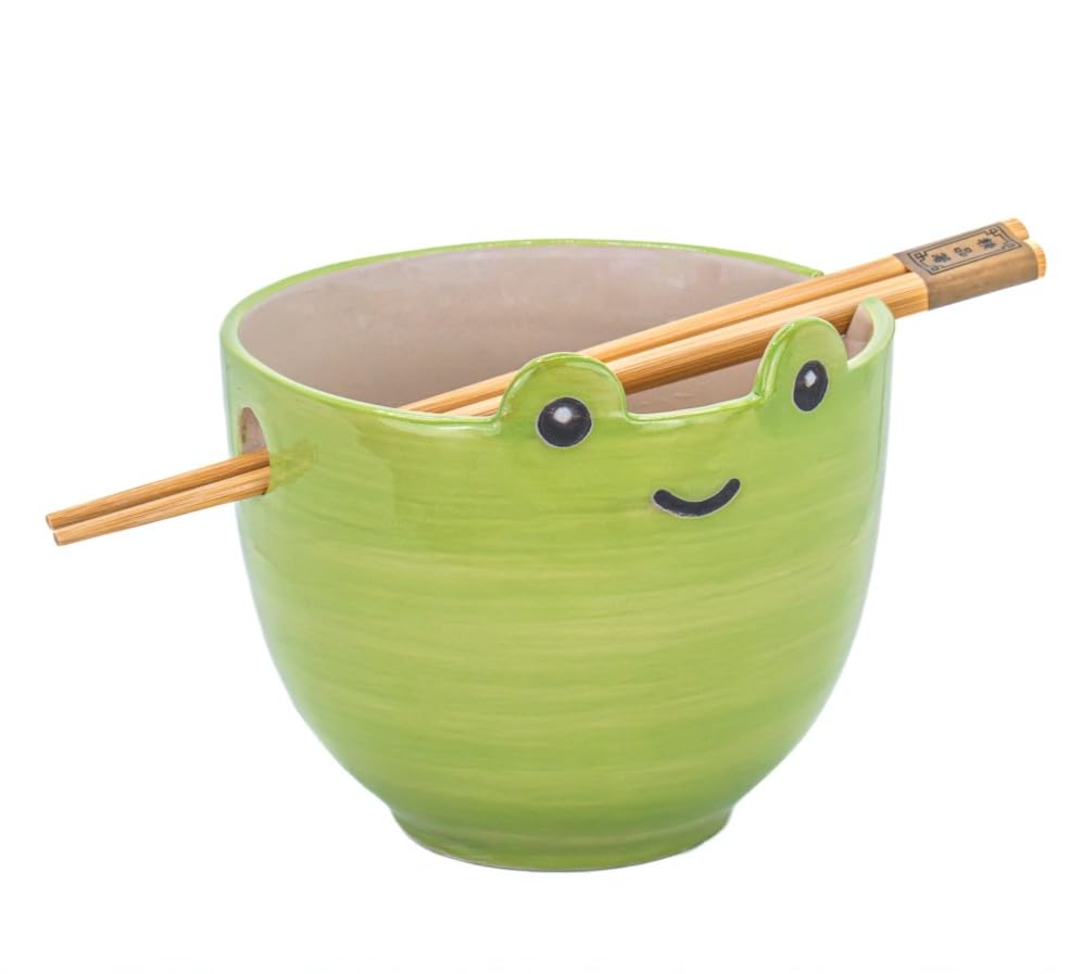 Sass & Belle Frog Noodle Bowl with Chopsticks Cute Ceramic Ramen Bowl for Soup Rice or Noodles Quirky Gift Part of The Ramen Bowl Set Collection