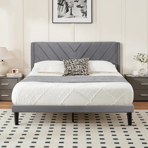 Inadpor Full Size Platform Bed Frame with Velvet Headboard, Wing Edge, Sturdy Wooden Slats, Noise-Free, No Box Spring Needed, Easy Assembly, Grey