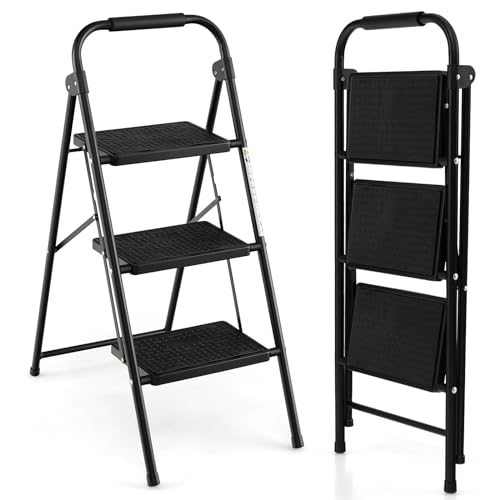 HOMFME Folding 2/3/4 Step Ladder, 150kg/265kg Capacity Anti Slip Tread Stepladder with Anti-Slip Pedal and Locking Device, Safety Metal Ladder Stool for Household Garage Shop (3 Step)