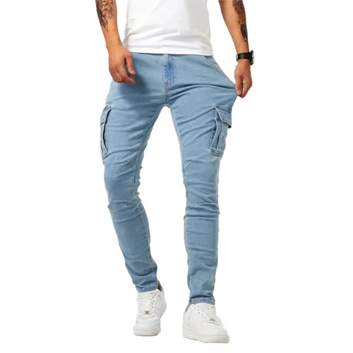 LONGBIDA Men's Slim Fit Cargo Jeans Stretch Skinny Straight Leg Jeans Vintage Comfort Flex Waist Casual Denim Pants