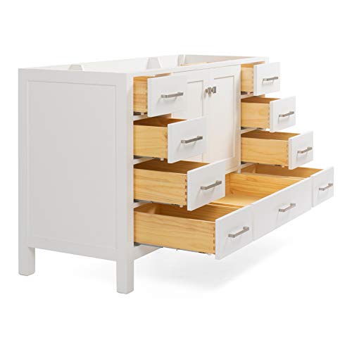 Ariel 54" Inch White Bathroom Vanity Base Cabinet With Single Sink Configuration | 2 Soft Closing Doors And 9 Full Extension Dovetail Drawers | Satin Nickel Hardware | 54" X 21.5" X 34.5" #TOP2