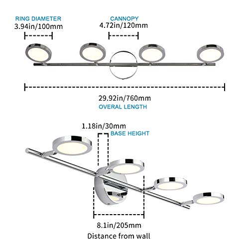 Joosenhouse Modern 4 Light Bathroom Vanity Lights Fixtures Chrome Finish, LED Wall Sconces Lamps Over Mirror in Home as Bath Decor Lighting Fixtures Up and Down 29.92 Inches Long Chrome 4000K