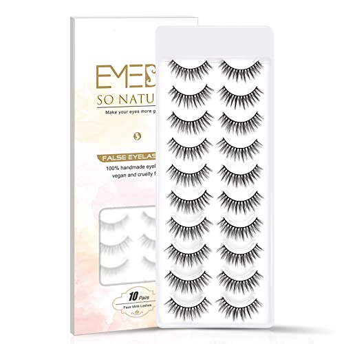 EMEDA 10 pairs False Eyelashes Natural Look 3D Small Face Eyelashes Short Soft Fake Lashes 100% Handmade Lashes Wispies Reusable Eye Lash Transparent Band 1 Pack by