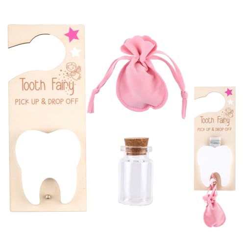 BOXOB Zahnfee-Zahnhaltertasche, Zahnfee-Türhänger mit Schlitz Türhalter aus Holz mit Jutebeutel und Erinnerungsflasche als Dekoration fürs Kinderzimmer Ermutigendes Geschenk (Rosa)