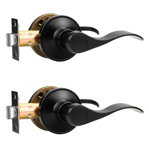 Knobonly 2 Pack Matte Black Pasage Door Levers Interior Door Handles for Hallyway andCloset Door Knobs Keyless Black Door Handles with Lock, Zinc Alloy Reversible for Right/Left