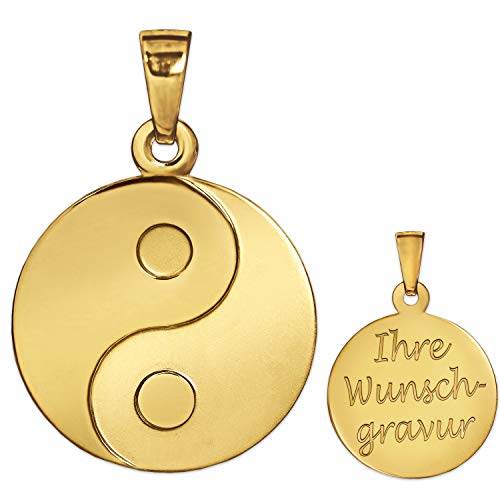 CLEVER SCHMUCK Set mit Gravur: Goldener Anhänger Yin Yang Ø 16 mm sedenmatt und glänzend 333 GOLD 8 KARAT