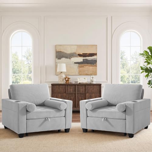Image of 3-in-1 Sleeper Sofa Chairs Set of 2, Pull Out Sofa Bed Convertible Reclining Seat Upholstered Armchair, Adjustable Backrest Recliner Chair with Side Pockets, Cup Holder & USB Ports - Light Gray