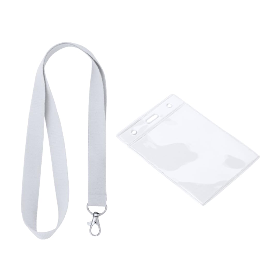100 Lanyard de poliéster con mosquetón + 100 Identificador transparente de PVC de diseño vertical. Acreditación en Ferias, Estudiantes, Eventos, Fiestas y/o Empresas. (Blanco)
