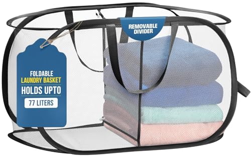 Image of Foldable Laundry Basket - Popup and Collapsible, Durable Mesh Material, Folds for Storage, Easy Carry Handles - Great Hamper for College Dorm, Laundry Room or Travel (White-Black, 2-Compartments)