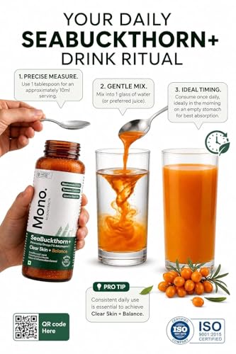 Image of Mono Bioholistic Sea Buckthorn Juice | For Acne, Pigmentation, Skin Balance & Glow | Lab Tested | Supports Immunity & Gut Health | Omega-3 6 7 9, Niacinamide( Vit B3) , Zinc & Curcumin 95% | 300ml | No Added Sugar Pack of 2