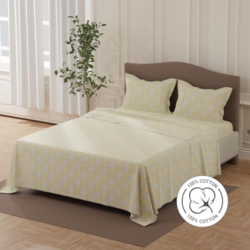 Image of Layers 100% Cotton Bedsheet for Double Size Bed | Lumina Floret Collection | 144 TC Soft & Breathable | Floral Print with 2 Pillow Covers | Wrinkle Free | 3 Piece Bedding Set - Yellow & Grey