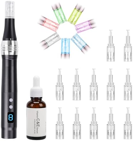 Einstellbarer Microneedling Dermapen - Derma pen 0-2.5mm,Micronadeln Pen,Derma roller, Und 30ml Vitamin C Serum, Serum mit 20% Vitamin C (Inkl.12 köpfe Patronen)