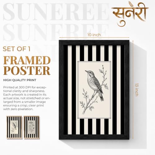 Image of Vintage Black White Wall Art Frames for Living Room Bedroom - Minimalist Botanical & Bird Stripe Wall Painting Set | Modern Aesthetic Monochrome Home Wall Decor with Frame (Art 17, 10x13 Inches, Black)