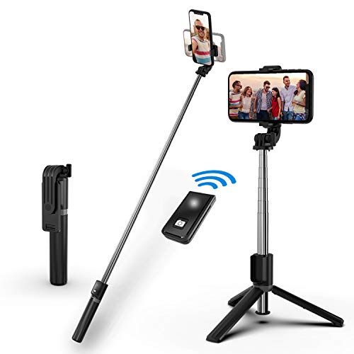 Selfie Stick Tripod, Wireless Remote - Facetime Phone Stand, Portable Tripod for iPhone 12/11 Pro/X/8/7 Plus, Samsung Galaxy S10/S9, Huawei Android Smartphones - Black