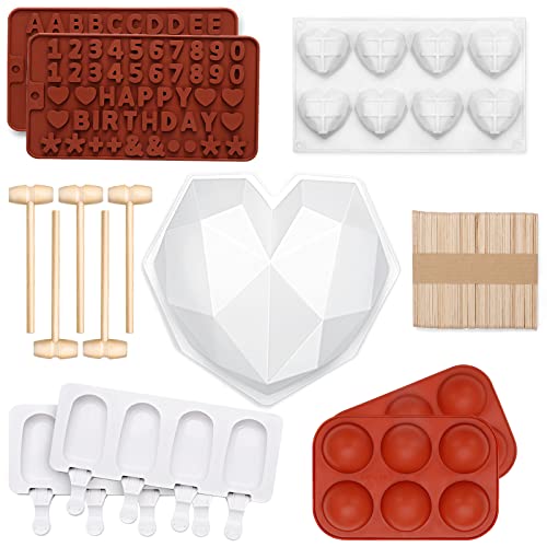 123 Pcs Heart Silicone Molds Set for Chocolate Includes 1x Breakable Heart Mold,2x Cocoa Bomb Molds,1x 8 Cavities Heart Mold,15x Wood Hammers,2x Number and Letter Molds,2x Popsicle Molds,100x Sticks