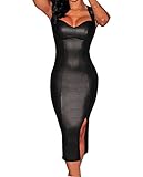 Sexy Womens Black Faux Leather Key-hole Back Padded Low V Neck Midi Dress (L, Black)