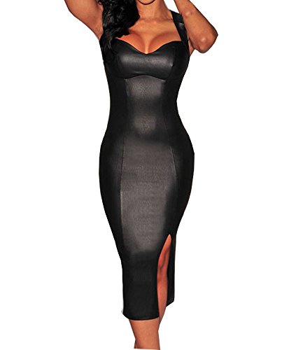 WOW CLOTHES Sexy Womens Black Faux Leather Key-Hole Back Padded Low V Neck Midi Dress (L, Black)