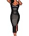 Sexy Womens Black Faux Leather Key-hole Back Padded Low V Neck Midi Dress (L, Black)