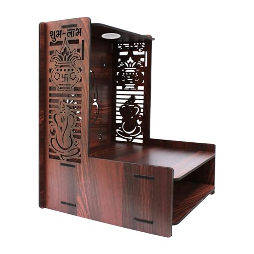 Image of Olive Tree Ethnic Wooden Pooja Mandir for Home Handcrafted Puja Stand | Wall Mounted with LED Spot Light | Mandapam, Pooja Ghar, Temple Office Decor - Walnut Size 12X12X16 Inch 1004
