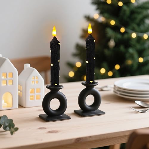 Image of 6.5 Inches Primitive Real Wax LED Flameless Short Candlesticks Hand Dipped Battery Operated Candles with Timer Remote Candles for Halloween Vintage Rustic Home Decor, Pack of 2(Black)