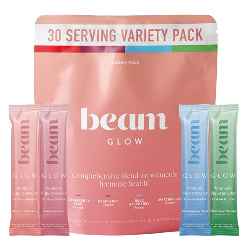 Beam Glow Hormone Support & Cortisol Supplement for Women - Daily Vitamins for Women with Ashwagandha Selenium Zinc Vitamin A Biotin for Cycle Health Mood & Energy Variety Pack 30 Servings