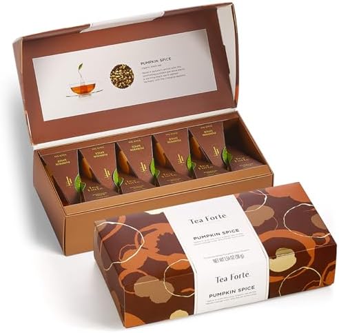 Tea Forte Pumpkin Spice Black Tea Petite Presentation Box Tea Gift Set Sampler, 10 Individually Wrapped Handcrafted Pyramid Infuser Bags