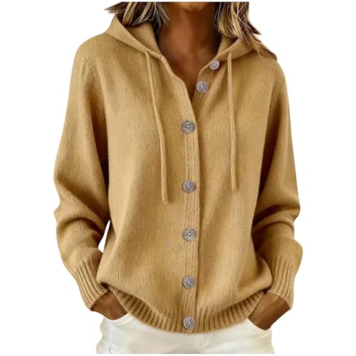 Strickjacke Damen mit Kapuze Langarm Strickcardigan Einfarbig Kaschmir Pullover mit Knopfleiste Kordelzug Warm Gestrickt Kapuzenpullover Casual Strickjacken Elegant Cardigan Damen für Herbst Winter