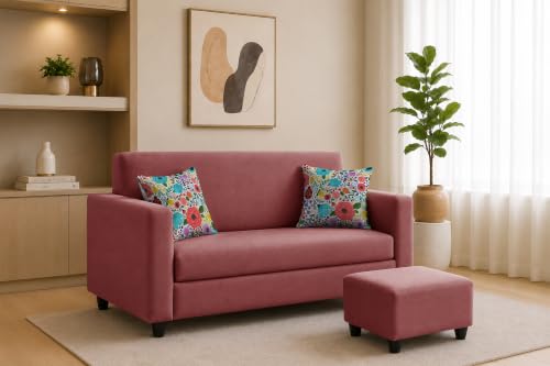 Image of Rosebell 2 Seater Sofa with Ottoman | Living Room Couch | with Printed Cushions | Sofa for Home, Apartment & Office-Rose Pink Color