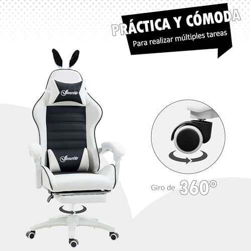 Vinsetto Silla Gaming Ergonómica Reclinable 135°, Silla Gamer Racing de Cuero PU con Soporte Lumbar, Altura Ajustable, Orejas Conejo, Reposacabezas, Reposapiés Retráctil para Oficina, Estudio, Negro - imagen 7