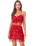 JEATHA Damen Bauchtanz Kostüm Träger BH Top mit Pailletten Quasten Latin Jazz Oberteil Fransen Halter Crop Top Quaste Hüfttuch Tanztuch Belly Dance GOGO Clubwear Rot M