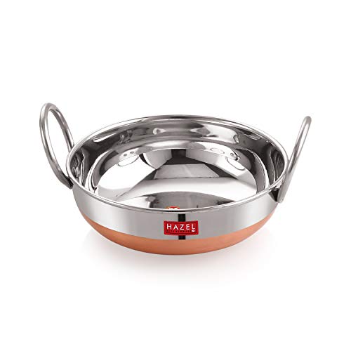 Image of HAZEL Stainless Steel Kadai with Lid | Copper Bottom Utensil, Capacity of 1Ltr I 18 Gauge Vessel, Silver & Copper I Ideal for Daily Use