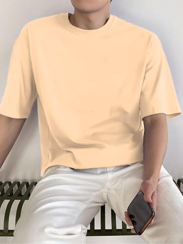 Image of LEOTUDE Half Sleeve Oversized Tshirt for Men, Round Neck Cottonblend Drop Shoulder Solid T-Shirt