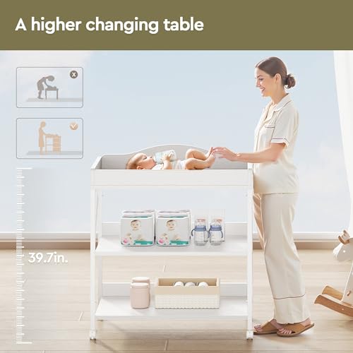 Image of Baby Changing Table, Diaper Station with Pad, 2-Tier Shelves, Mobile, White | Changing Table,Waterproof Diaper pad & Safety Strap, 2-Tier shelves, Mobile wheels
